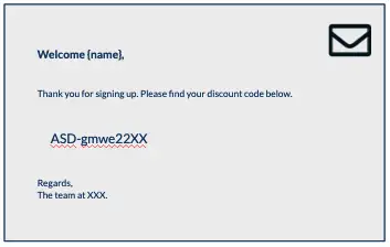 Welcome email thanking the subscriber and giving their discount code